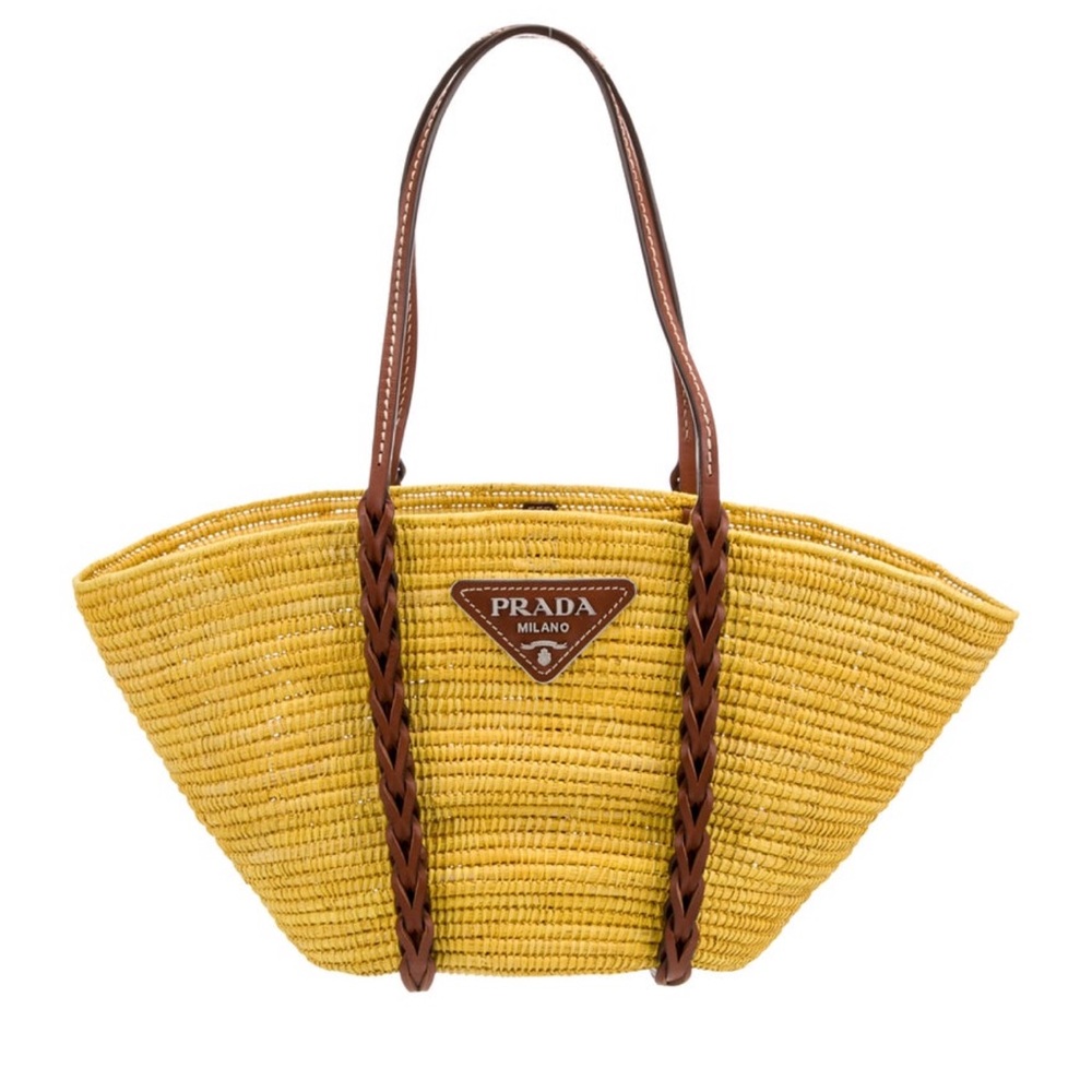 Prada Yellow and Brown Raffia Tote Bag